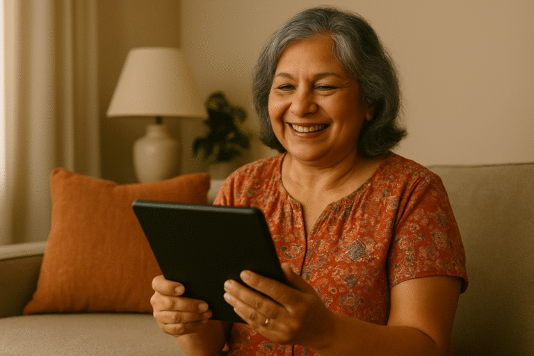Elder Holding Tablet While Smiling