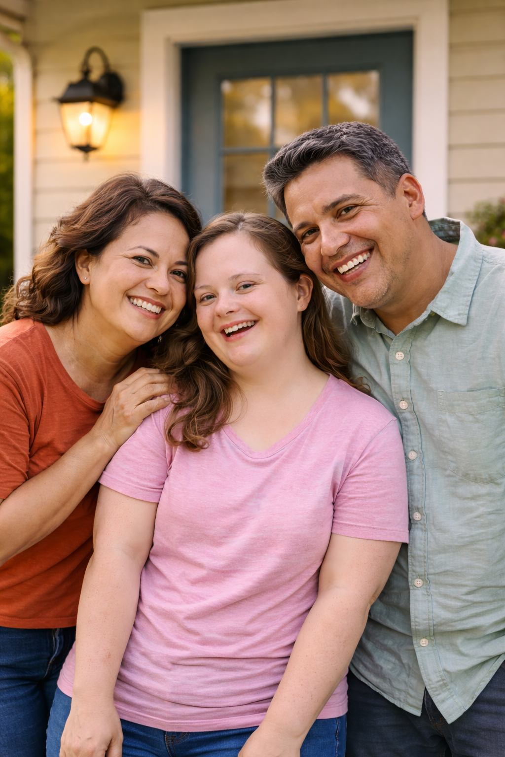 young woman with parents outside her home